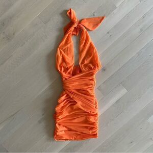 Mistress Rocks 'OVER IT' Orange Gathered Mesh Halter Neck Mini Dress